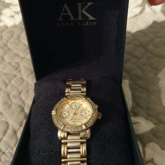 Worn Anne Klein watch with diamonds on bezel - Picture 2 of 5